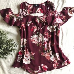 Maroon Floral Cold Shoulder Ruffled Blouse
